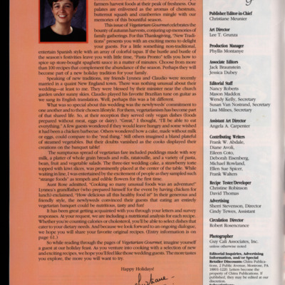 Masthead and editor's letter page with headshot of the editor over a pink background