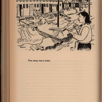 Illustration of woman drawing buildings with wood scraps and boxes scattered on the dirt ground; small amount of text under illustration