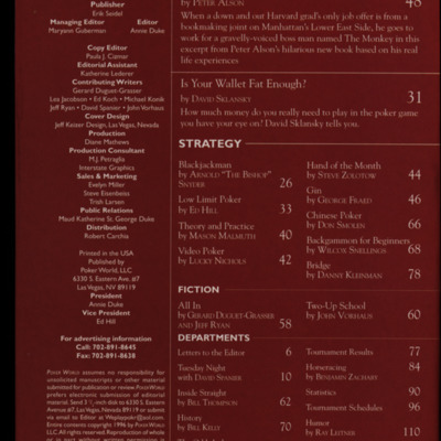 Magazine table of contents page with a burgundy-color background.