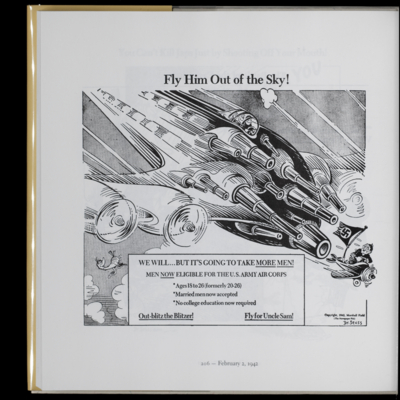 Cartoon of large plane with many guns chasing Adolf Hitler, who rides a smaller plane with a Nazi flag