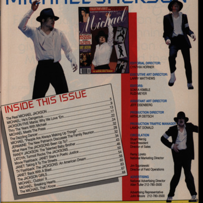 Magazine table of contents with several images of Michael Jackson dancing.