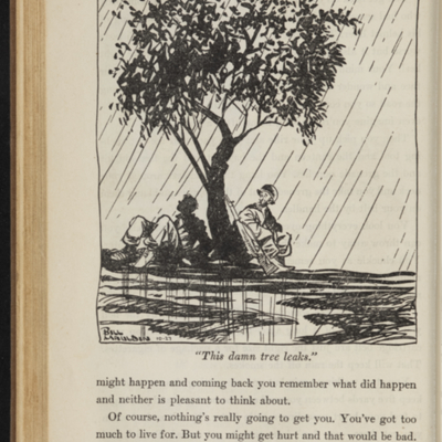 Cartoon of two soldiers sitting beneath a tree in the rain