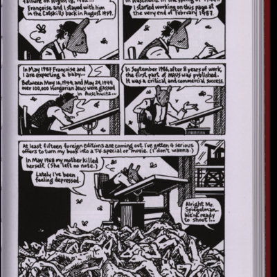 Graphic novel page of man in a mouse mask sitting at a drawing desk on top of a pile of dead mouse people