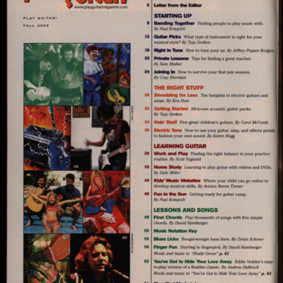 Table of contents of magazine with a white background and a collage of images on the left half.