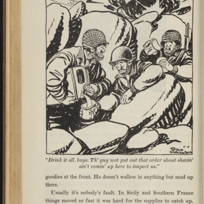 Cartoon of three soldiers pouring drinks from a canteen while crouched in between rocks