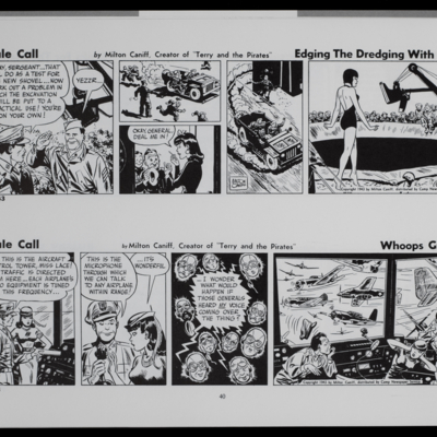 Two comic strips; topmost one of soldiers driving a car and gathering around a pool to watch a woman in a swimsuit;  bottommost one of a woman and a soldiers standing in a control room, then of many planes flying by the control room window