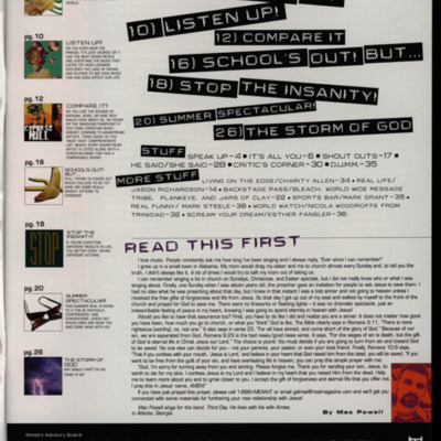 Editor's letter and table of contents of magazine.