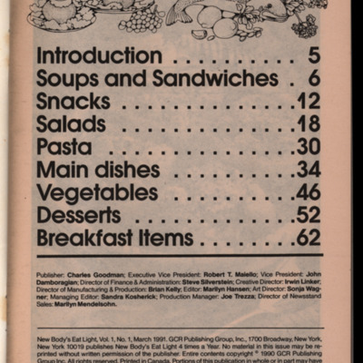 Magazine table of contents with outline illustrations of food items.