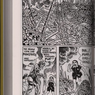 Graphic novel page of people walking through disaster wreckage with skin peeling off, young boy running through the wreckage