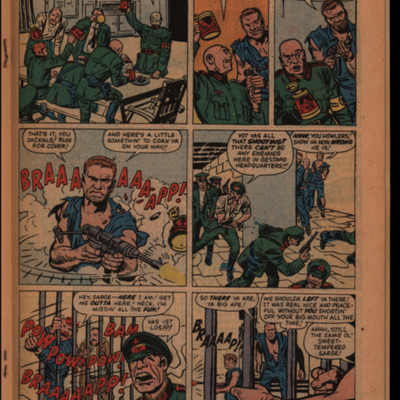 Comic book page of a group of German soldiers celebrating and Nick Fury and men in prison uniforms attacking