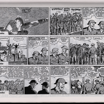 Three comic strips depicting a group of American soldiers celebrating the capture of a group of German soldiers