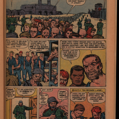 Comic book page of large group of people being lead by soldiers, Nick Fury and men in prison, and a German soldier being attacked by men in prison uniforms
