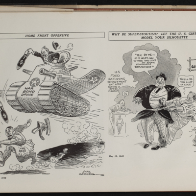 Two cartoons; the leftmost of a man sitting in a military tank and dropping bombs with money symbols on a man in Ancient Roman armor with Hitler's mustache and buckteeth, the rightmost of a large man with another man pulling a tape measure around his waist, a dog barking, and Uncle Same and other men in the background