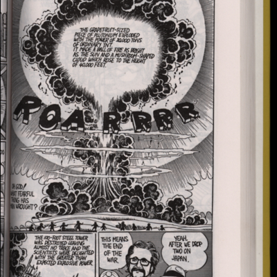 Graphic novel page of atomic bomb explosion with men watching
