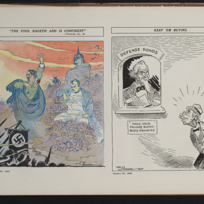Two cartoons; The leftmost of Hitler with one hand in his coat and his other in the air, Napoleon Bonaparte and Kaiser Wilhelm II in the background on a mountain of skulls, and the Nazi army in the foreground; the rightmost of Uncle Sam sitting at a window and a man approaching, reaching into his pocket