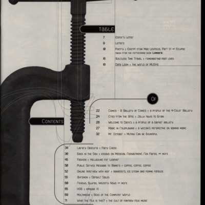 Magazine table of contents page with image of a tool on the left.