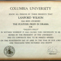 [Certificate for the Pulitzer Prize in Drama.]