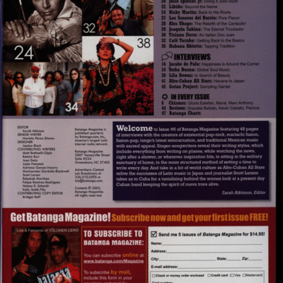 Table of contents page with three rows of text and images of artists.