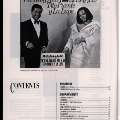 Black-and-white table of contents page with an image of Tito Puente and La Lupe.