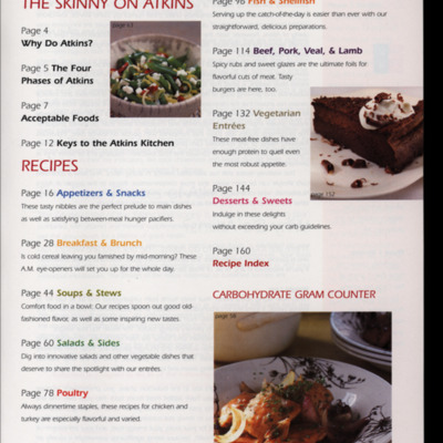 Table of contents page with three images of food and text in several colors