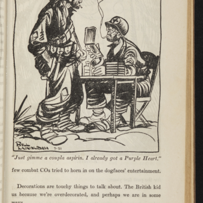 Cartoon of one soldier standing in front of another soldier sitting at a desk who is holding a military medal