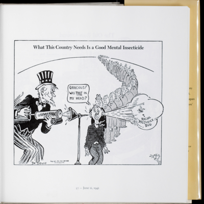 Cartoon of Uncle Sam using a funnel devise to blow an insect out of a man's ear, a long line of men standing behind him