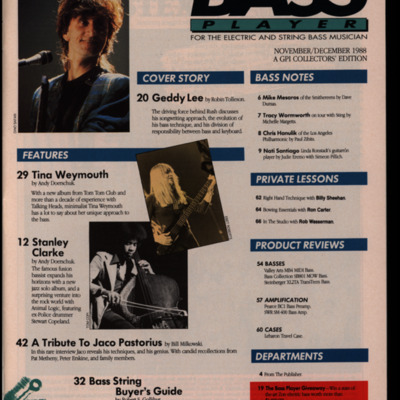 Table of contents page with three images of bass players and black text over white background.