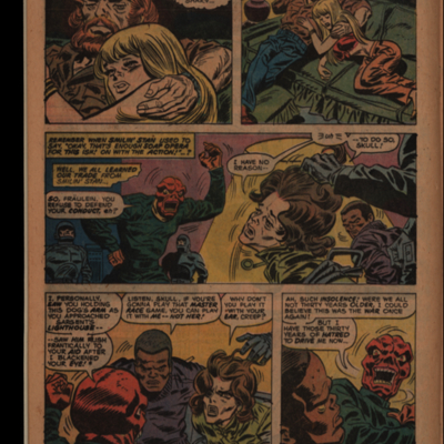 Comic book page with a scene of a man and an woman holding one another and a scene of Red Skull yelling at a man and woman