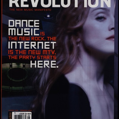 Magazine cover with large type in white and red and a partial headshot of singer Madonna.