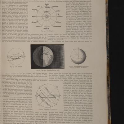 Page of text surrounding 3 geometric diagrams, a diagram of the globe half in the Sun's light and half in shadow, and a diagram of the Zodiac