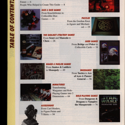 Table of contents listing an introduction, publisher’s foreword, creation credits, and types of games covered. 