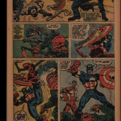 Comic book page of Captain America and the Falcon fighting Red Skull