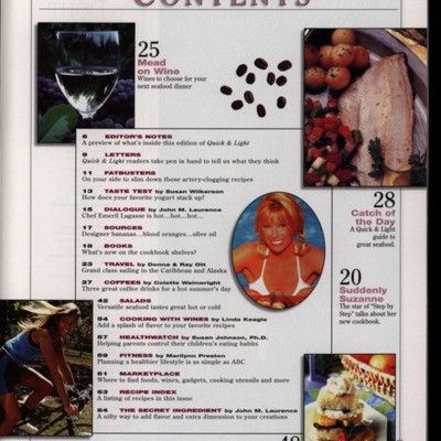 Table of contents page with five images of food, drink, and exercise.
