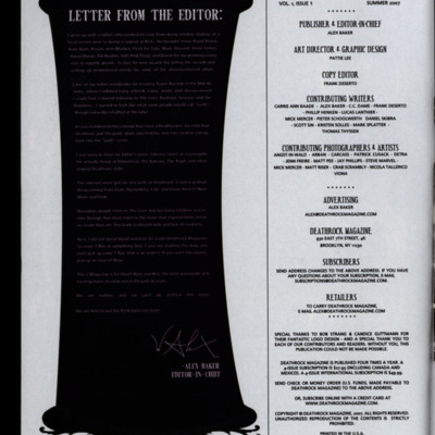 Letter from the editor and list of magazine staff and contributors