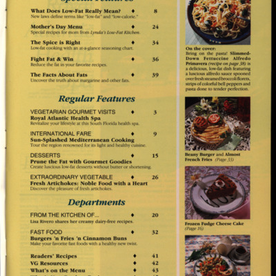Table of contents page with 4 images of food on a yellow background