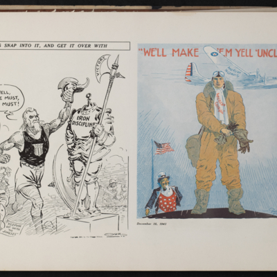 Two cartoons; the leftmost of Uncle Sam removing the helmet from a suit of armor, a fighting crowd, and a large man with an army uniform and a sword looming in the background; the rightmost of a military pilot pulling on gloves, Uncle Sam and the American flag, and a plane flying overhead
