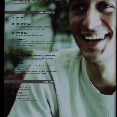 Magazine table of contents page with the image of a man as background