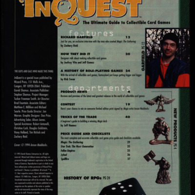 Magazine page with table of contents, a headshot of a man, and several D&D figures.