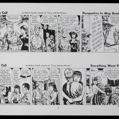 Two comic strips; topmost one of a woman and a soldier walking past another soldier and then a memorial; bottommost one of two soldiers and one woman, the woman then hugs one of the soldiers