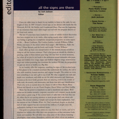Editor's letter and masthead on a white and green background.