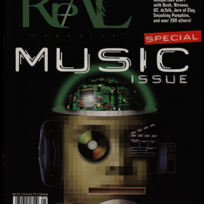 Cover of magazine with a black background and a bitmap image of a person with technological elements.