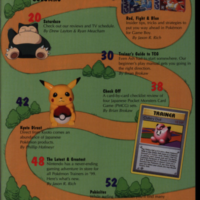 Table of contents page with images of several Pokémons and a winding brown pack with grass and trees on the background