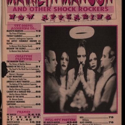 Table of contents for Movie Mirror Presents; black and white image of Marilyn Manson band next to table of contents