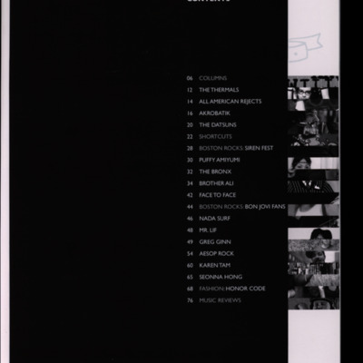 Magazine page with table of contents in white type over a black background.