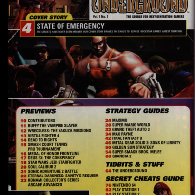 Table of contents with bold text in several colors and still images of video game characters.