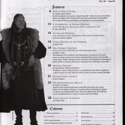 Black-and-white magazine page with table of contents and image of a man in Renaissance costume.