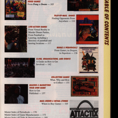 Table of contents listing types of games covered and index information. <br />
