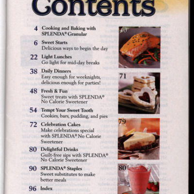 Tale of contents page with 4 images of dishes to the right margin.