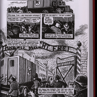 Graphic novel page of mouse people and cat people arriving in trucks to Auschwitz Concentration Camp