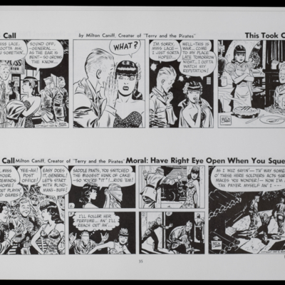 Two comic strips; topmost one of a man asking a woman to bake him a pie; bottommost one of a woman and three soldiers playing a party game, last panel depicting one soldier being carried away by two others